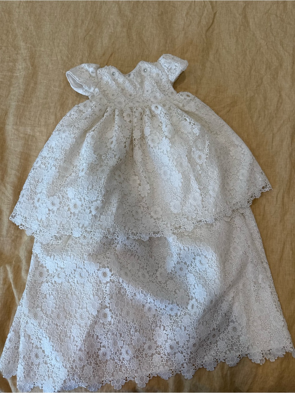 White Floral Lace Baptism Baby Dress with Layered Skirt